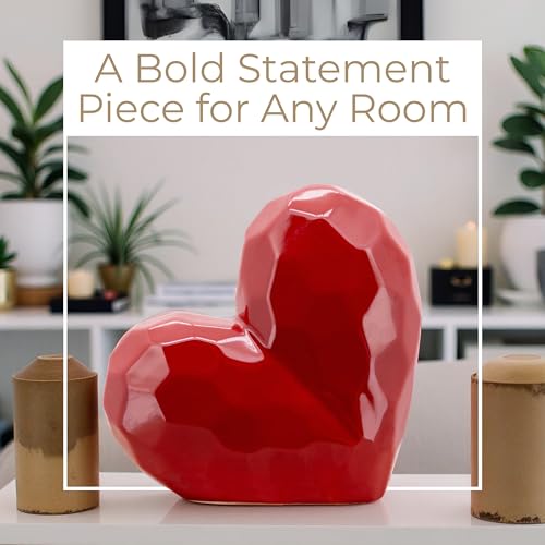 Decorative Ceramic Heart Sculpture for Home Decor - Ornaments for Bathroom, Office, and Living Room Decor - Modern Figurine Accent for Bedroom, Shelf Display, and Coffee Table - 8", Red - color: Red, size: 8x3x8