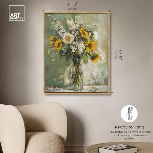 Art Remedy Sunflowers In A Glass Vase Canvas Vintage Farmhouse Wall Art, Gold Frame, 30" x 36" - color: Gold Frame, size: 37"L x 31"W