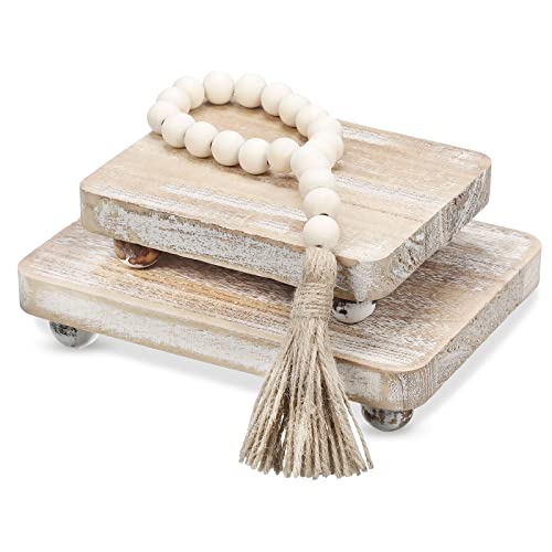 Capoda 3 Pcs Wood Risers for Decor Mini Wooden Pedestal Stands with Wood Bead Garland Farmhouse Vintage Rustic Decor Risers Stackable Kitchen Stand Tray for Home Bathroom Coffee Bar Table