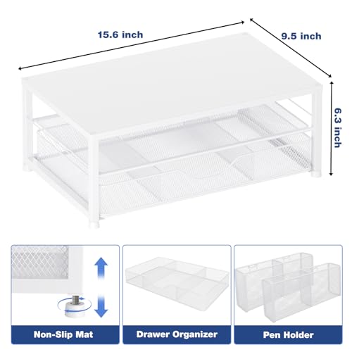 OPNICE Desk Organizers and Accessories, 2-Tier Computer Monitor Stand Riser with Drawer and 2 Pen Holders, Laptop Stand, Office Desk Accessories for Office Supplies, White - color: White 1-Pack