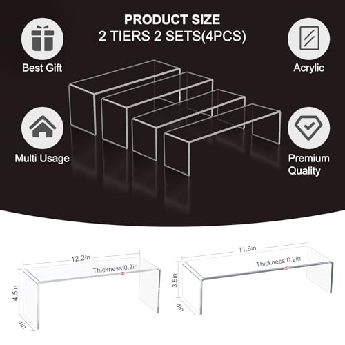 Acrylic Display Riser Stand of 4pcs, 5mm Thickness, 12'' Length Tierd Display Stands, Acrylic Shelf Risers for Perfume Display,Risers for Buffet Table,Cupcake Stand,Pop Figurines,Tumbler,Food - size: 4PCS