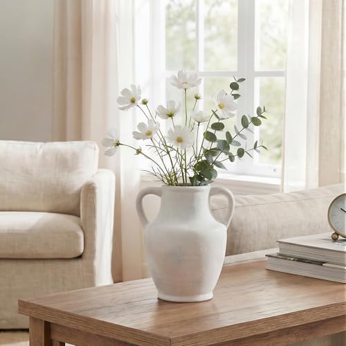 Ceramic Flower Vase with Handles, 8.66 inch Tall Ceramic Vase Farmhouse Rustic Vases Decorative Pottery Vases for Home Decor Living Room Bookshelf Table Centerpiece Desk Bathroom Fireplace, White - color: 8.66 in - White