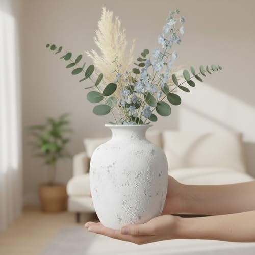 White Ceramic Vase - 7 Inch Rustic Farmhouse Vase for Pampas Grass, Dried Flowers, Textured Pottery Vases for Home Decor, Nightstand, Bedside Table, Bookshelf Decor - color: White - 1