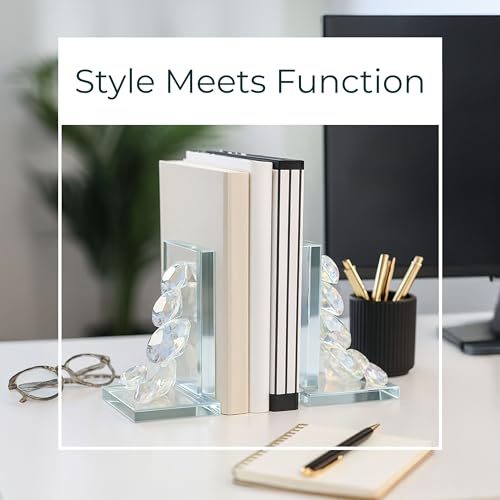 Set of 2 Crystal Diamonds Decorative Bookends – Heavy Duty Modern Shelf Decor Accents with Elegant Geometric Design – Glass Office & Home Decor – 7", Clear & Frosted