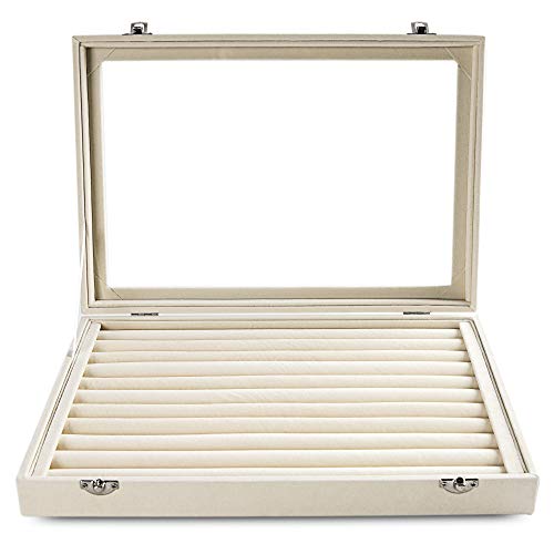 Frebeauty Rings/Earrings Organizer Tray with Clear Lid 10 Slots Velvet Drawer Insert Jewelry Storage box with Glass lid Jewelry Display Case Showcase Gift for Girls Women (Beige, 10 Slots) - color: Beige, size: 10 Slots