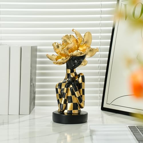 Lescafita African Woman Sculpture with Golden Flower Headpiece – Black and Gold Resin Figurine for Home Decor, Elegant African Lady Statue, Modern Ethnic Art Ornament, Gift for Women - color: 104-gold