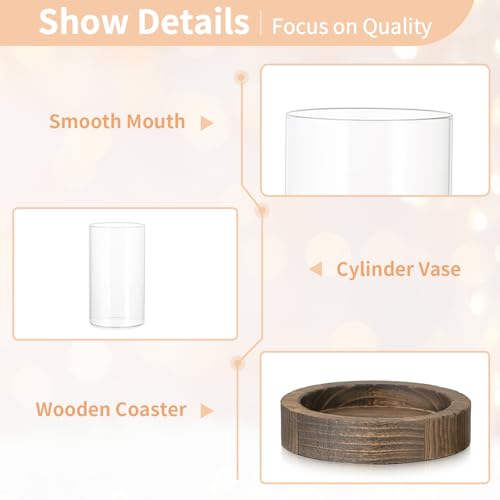 NUPTIO Hurricane Candle Holder for Centerpiece: Glass Pillar Candle Holder with Rustic Brown Wooden Plate - Set of 2 Floating Candles Cylinder Vase for Outdoor Wedding Table Decor - color: Brown