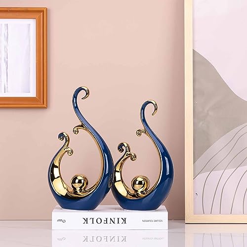 DOVDOV Ceramic Abstract Statues 2 Piece Set, Modern Art Deco, Blue and Gold Home Decor, Office Decor, Shelf Decor, Floor Mantle Decor, Coffee Table Decor Aesthetics. - color: 56-7