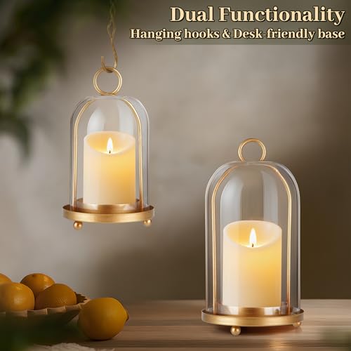 Glass Hurricane Candle Holder Decorative Gold Candle Lantern, Pillar Candlestick Holders Set of 2, Hanging Metal Holder Modern Table Centerpieces, Antique Brass - color: Gold
