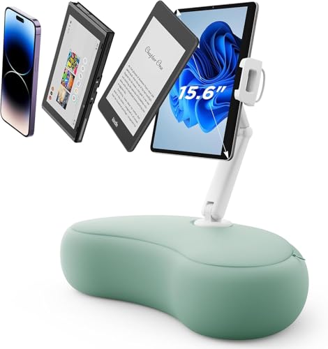 SAIJI Tablet Pillow Stand for Bed – iPad & Kindle Holder with Flexible Dual Axis Arm & Microbead Cushion, 360° Adjustable Lap Beanbag Phone Holder Fits Devices with 4.7"–15.6" Screens (Cyan) - color: Cyan
