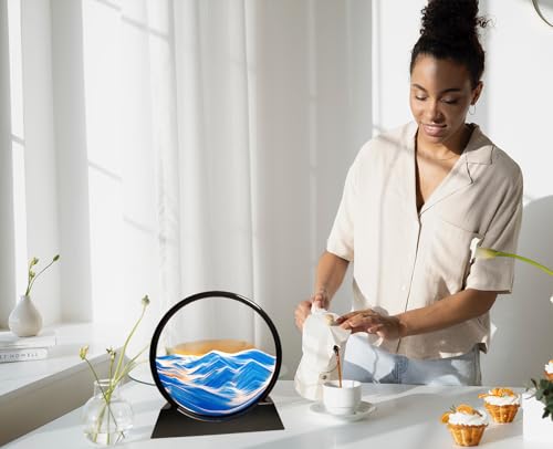 HYUGF Moving Sand Art Picture Ocean Decor, 3D Deep Sea Sandscape Liquid Motion, Round Glass Frame Display Flowing Sand Relaxing Gift for Kids Adults Home Office Work Desktop Decoration Toy (Blue, 7") - color: Blue, size: 7 inches