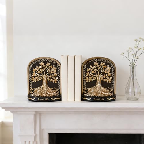 Tree of Life Bookends, Black Gold 2 Non-Skid Heavy Decorative Bookends for Shelves Or Bookcase, Elegant Bookends for Library Office Decor, Home Décor Gift - color: Black Gold
