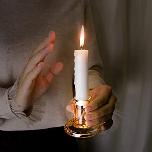 Short Solid Amber Gold Glass Taper Candle Holders Heavy Low Candlestick Holders for 5/6-7/8 inch Wide Tapered Candles- Set of 6, Wedding Party Table Centerpieces Decorations - color: Amber Gold