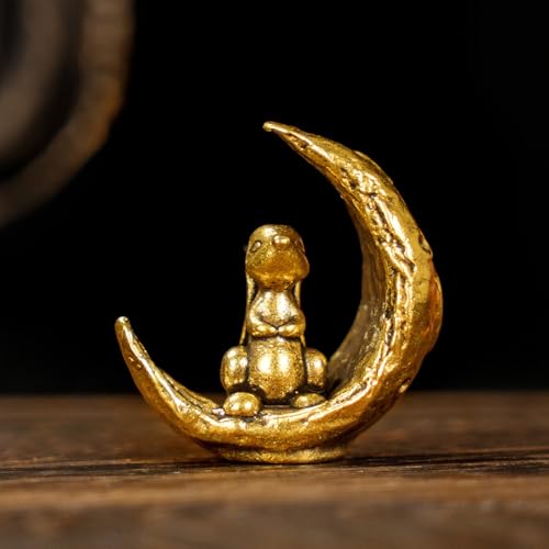 CHOVY Retro Handcrafted Moon Rabbit Sculpture - 100% Solid Brass Adorable Rabbit Sitting on Crescent Moon | Vintage Style Collectible Art Piece for Home & Office | Unique Gift for Lunar Lovers - style: Moon Rabbit