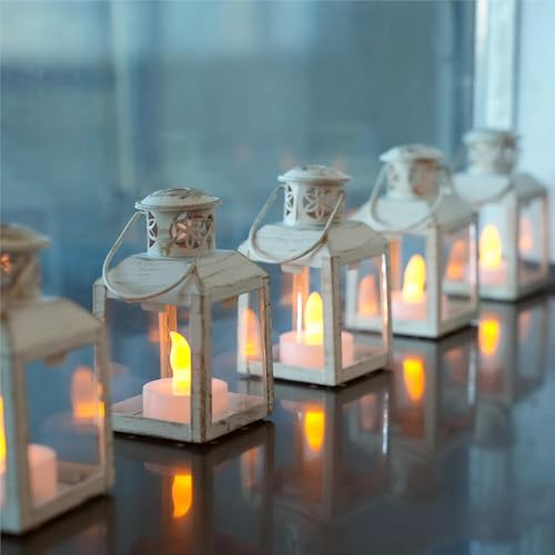 TRIROCKS 6 Pcs Small Metal Candle Lanterns Vintage Hanging House Tealight Lantern Decorative Candle Tea Light Holders for Table Valentine Patio Indoor Outdoor Gifts(White with Gold Brush) - color: White