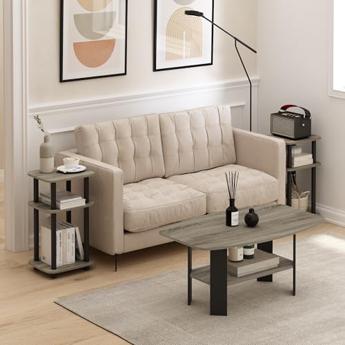 Furinno JUST Side Table Set of 2, 3-Tier Turn-N-Tube End Table with Open Shelf, Round Curve Corner Night Stand, Bedside Table, Easy Assembly, for Living Room, Bedroom, French Oak - color: French Oak, size: 2-Pack, Plastic Frame, 3-Tier