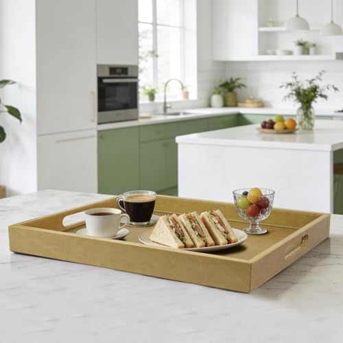 30x24 inches Rectangle Leather Ottoman Serving Tray with Hole Handles, Extra Large Modern Service Tray for Living Room, Coffee Table, Bed, Tea, Food, Countertop, Kitchen, Dinner, Picnic (Brown) - color: Brown, size: 30" x 24" x 2"