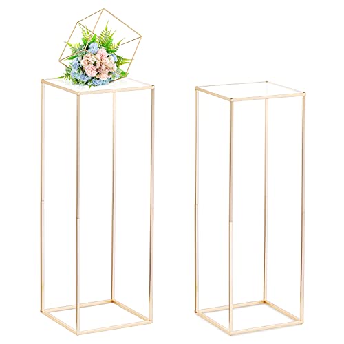 Nuptio Gold Vases for Centerpieces Wedding with Acrylic Panel - 2 Pcs 31.5 inch Tall Metal Flower Vase Flowers Stand - Elegant Bulk Weddings Decoration Table Geometric Centerpiece for Party Tables - size: 31½ inch Tall