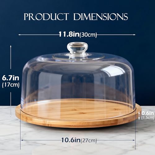 Masthome 11 IN Cake Stand with Lid, Bamboo Wood Rotating Cake Holder with Dome, BPA Free Cake Dish with Cover, Cake Plate with Cover for Birthday/Kitchen/Party/Weddings - color: Rotating Bamboo Cake Stand With Dome