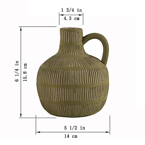 Mowtanco Farmhouse Vase with Handle and Tassel, Grey Yellow Vertical Stripes Design Clay Vase 10'' Tall - Ceramic Flower Vase for Rustic Home Decor, for Fireplace Kitchen Living Room Centerpieces - color: Green