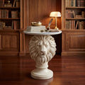 White Lion Head Sculptural Side Table with Faux Marble Top, 19.68" Round Resin Animal End Table, 25.59" H Majestic Accent Table for Living Room & Entryway, Regal Housewarming Gift - color: White Lion
