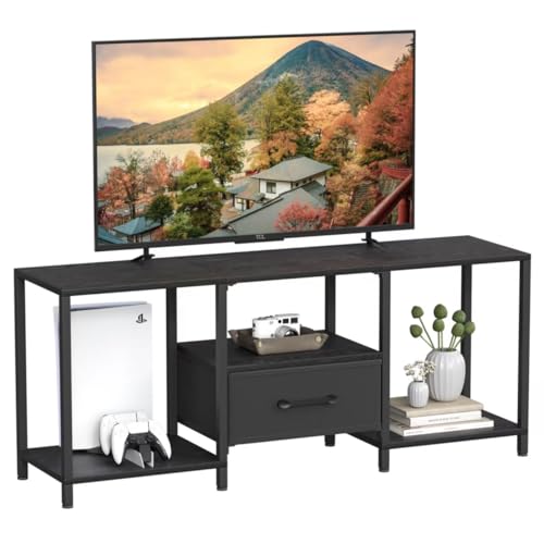JARHETUN TV Stand with Fabric Drawer for 55 Inch TV, Entertainment Center with Open Shelves, Media TV Console Table for Living Room, Bedroom, Black - color: Black, size: 46.1 Inches