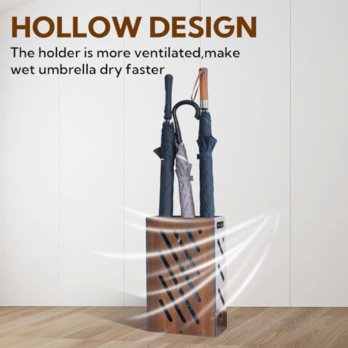 Brown Umbrella Stand for Entryway, Umbrella Holder with Removable Water Tray, PVC Umbrella Storage Bin Indoor Outdoor, Freestanding Storage Organizer for Home, Office, Hotel