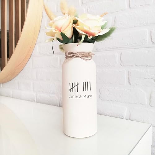9th Anniversary Pottery Gift for Her Personalized Ceramic Vase with Tally Marks White Handcrafted Custom Couple Names Keepsake 9 Years Marriage, Engraved Handmade 3 x 8 Inches