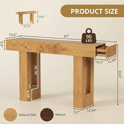 FURSUN 63" Farmhouse Console Table with Drawers, Narrow Sofa Table Behind Couch, Slim Entryway Table with Storage for Hallway, Living Room, Natural Oak - color: Natural Oak
