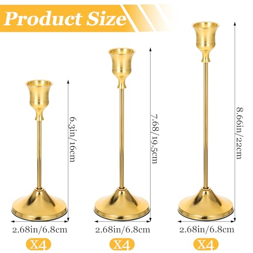 12Pcs Brass Gold Metal Taper Candle Holders, Vintage Candlestick Holder, Decorative Metal Candle Sticks, Candlesticks for Table Mantel Wedding Home Decor Housewarming Gift