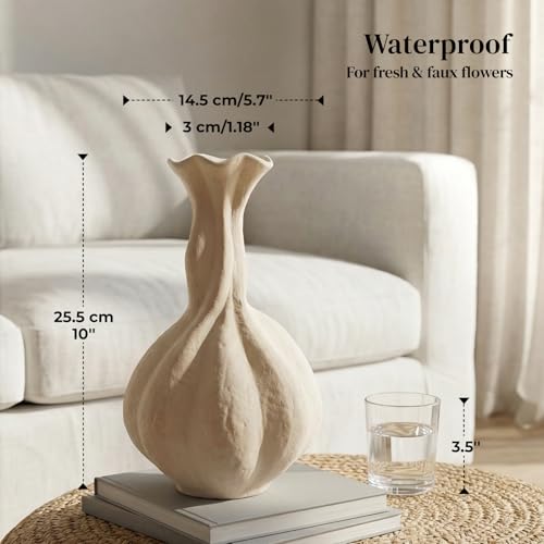 DOWAN Ceramic Flower Vase, 10" Decorative Pampas Vase for Home Decor, Modern Farmhouse Pottery Vase for Living Room Table Kitchen Bedroom Coffee Desk Entryway Mantel Book Shelf, Soft White - color: Soft White, size: 10 INCH