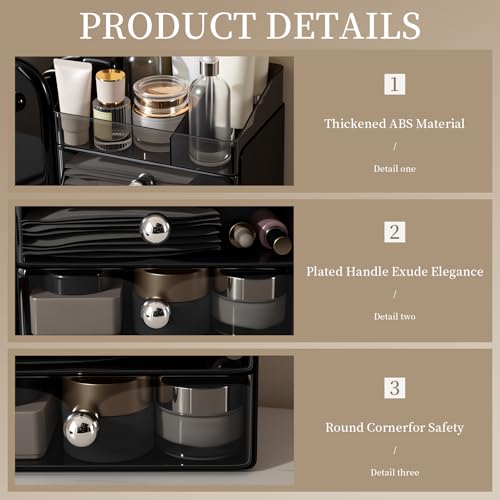 Makeup Organizer with Brush Holder for Vanity, Large Cosmetic Display Cases with 2 Drawers, Skincare Organizer for Bathroom Countertop, Black - color: Black