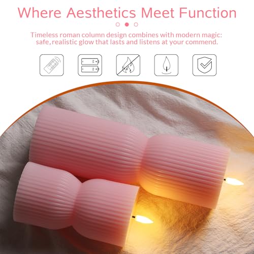 Pink Ribbed Flameless Pillar Candles with Remote, Flickering LED Candles Battery Operated Real Wax Set of 2 - color: Pink