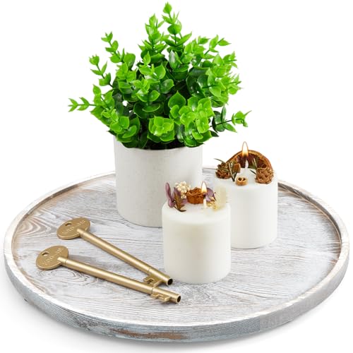 12 Inch Wood Round Tray, White Washed Wooden Decorative Serving Coffee Table Tray Centerpiece Candle Holder for Farmhouse Kitchen Dining Room Home Decor Coffee Table Decor and Accessories - color: White Washed, size: 12"