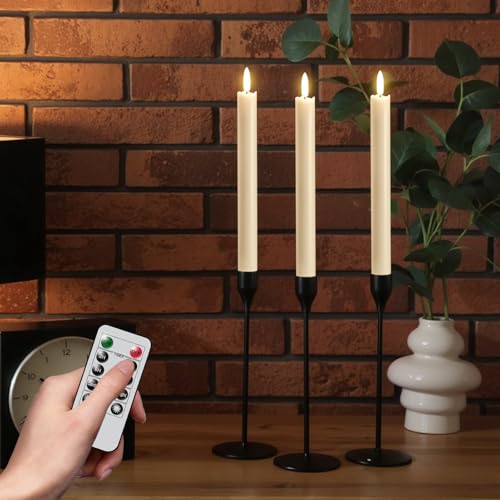 GenSwin Flameless Ivory Taper Candles Flickering with 10-Key Remote, Battery Operated Led Warm 3D Wick Light Window Candles Real Wax Pack of 3, Christmas Home Wedding Decor(0.78 X 9.64 Inch) - color: 3-Ivory