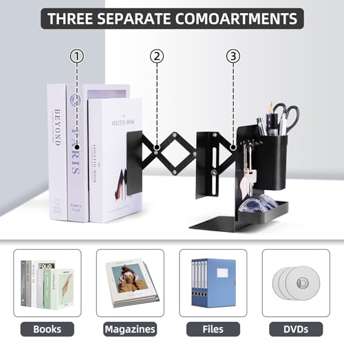 Adjustable Bookends, 19" Metal Book Ends for Heavy Books, 2 Dividers Bookends with Removable Pen Holder, Tray, and 3 Hook-up, Book Organizer for Office, School, Bookstore, Home - color: Black