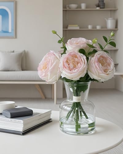 CHASMILE Lifelike Artificial Light Pink Rose Bouquet in Vase - 3D Petals & Stem Design - Table Centerpiece for Wedding, Restaurant, or Home Dining Room - color: Light Pink Simulated Rose With Vase