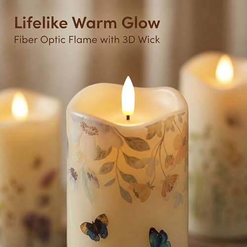 Eywamage Fiber Optic Flameless Pillar Candles with Remote Set of 3, Butterfly Floral Spring LED Candles Battery Operated Φ 3" H 6" - color: Butterfly Floral