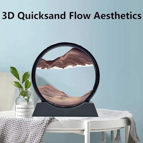Moving Sand Art Liquid Motion, 3D Deep Sea Sandscape Color Quicksand Decor, Round Glass Moving Sand Art Picture Relaxing Desktop Home Office Work Decor (7 inch-Coffee) - color: Coffee, size: 7 inch