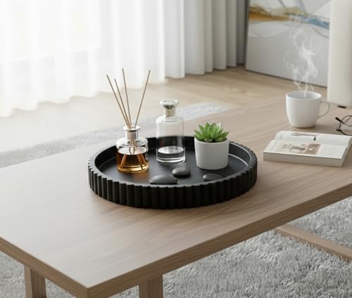 Concrete Decorative Tray for Coffee Table Tray Decor - Charcoal Black Round Decorative Tray - Circle Fluted Centerpiece Tray - Bandejas Decorativas - Water-Proof & Heavy-Duty