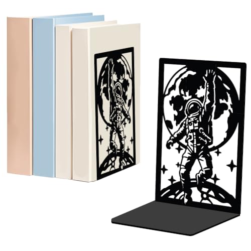 WADORN 1 Pair Space Astronaut Metal Decorative Bookend for Shelves, Heavy Duty Book Ends Modern Non-Skid Books Holder Stand Black Book Support Stoppers for Desk Bookshelf Office Home, 5.3x4.3x7.8 - color: Space Astronaut