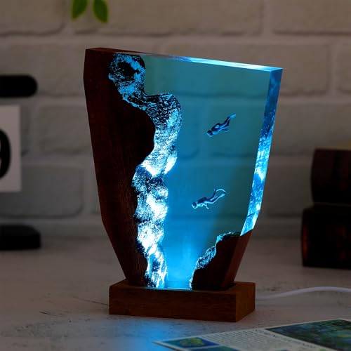Drawelry Ocean Creative Epoxy Resin Wood Light Lamp, Handmade Multi Color Aquatic Ocean Lamp Deep Sea Diver Cave Diving Enthusiasts Led Night Light Desktop Decor Christmas Birthday Gift (Diving, S) - color: Diving