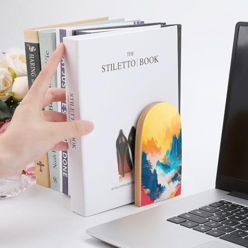 Colorful Mountains Wooden Bookends Shelves 2 PCS Pavilions Trees with Chinese Craftsmanship Minimalist Sturdy Book Holders Desktop Organizer for Home Office Libraries - color: Color-3