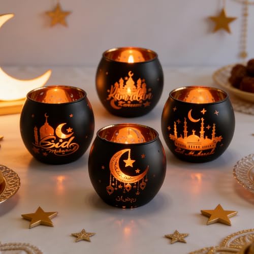 Eid Mubarak Glass Tea Light Candle Holders, Votive Tealight Holder Table, Centerpiece Decorations for Muslim Party Decor (Ramadan) - color: Ramadan