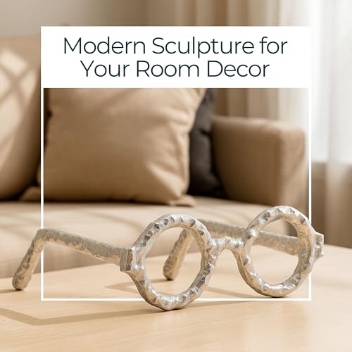 Round Glasses Decorative Object – Aluminum Sculpture Modern Home Decor Ornament – Shelf Styling & Coffee Table Decor for Bathroom, Office & Living Room – 7"x3", Silver - color: Silver Round