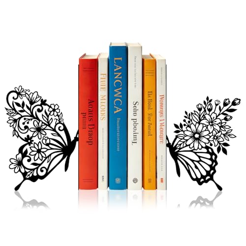 Sanwarm Metal Bookends Butterfly Floral Book Ends Decorative Bookend for Home Office Library Desk Book Shelves Decor, Gift for Reading Enthusiasts Non-Skid Book Stoppers Holder (Black 1 Pair) - color: Butterfly Floral