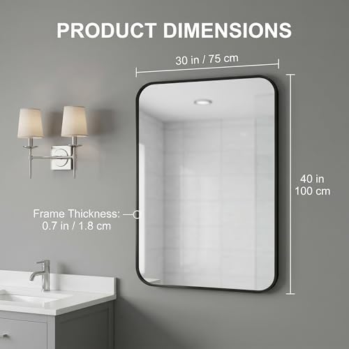 Koonmi Bathroom Mirror, 30X40 Inch Black Metal Framed Mirror for Bathroom, Tempered Glass, Anti-Rust, Rounded Rectangle Mirror for Restroom, Bedroom, Black - color: Rounded Edged, size: 40"L x 30"W