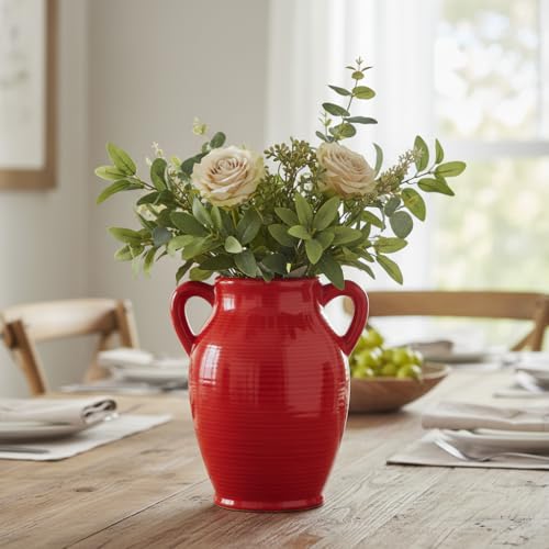 Sunddo Red Flower Vase for Home Decor, Modern Ceramic Vase for Centerpieces, Decorative Vase with 2 Handles, Kitchen, Bedroom, Office, Living Room & Bathroom, Shelf Decor, 8 Inch - color: Red - 8, size: 8 Inch
