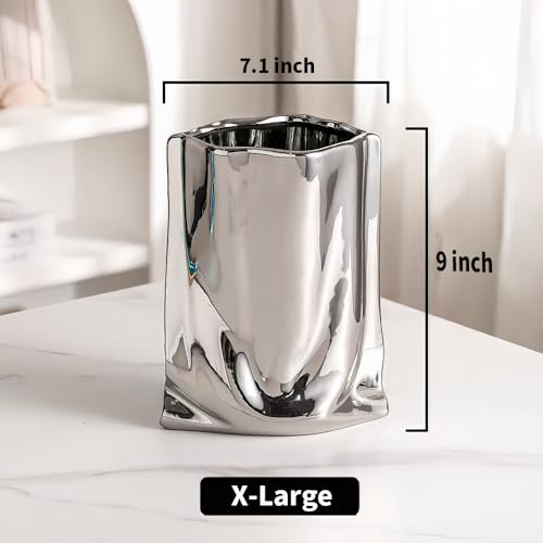 Ceramic Flower Vase, Crinkle Paper Bag Shape, Silver Metal, Modern Home Decor (X-Large) - size: X-Large
