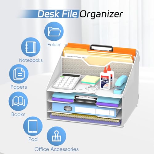 Desk File Organizer, Paper Organizer with 4 Letter Trays and 2 Vertical Upright Sections, Desk Organizers and Accessories for Office, School, Home (White) - color: White